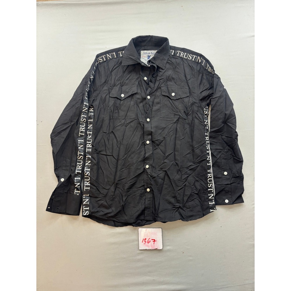 Attitude Gold Mens Black Trust N1 Graphic Tape Sleeve Button Down Shirt Size M